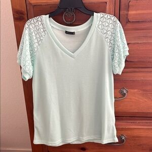 Green Short Sleeve Relaxed Tee with Crochet Accents